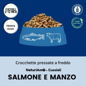 crocchette pressate a freddo italiane 100% naturali per cuccioli fino a 12 mesi con carne di manzo e salmone.