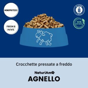 crocchette pressate a freddo monoproteiche italiane 100% naturali per cani anziani con carne di agnello. Senza glutine e senza conservanti