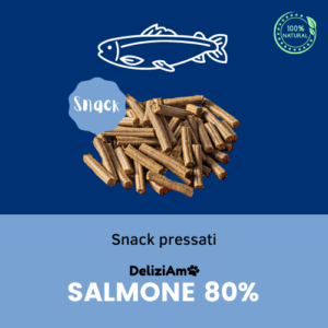snack pressati per cane italiani 100% naturali con l'80% di salmone. Senza conservanti