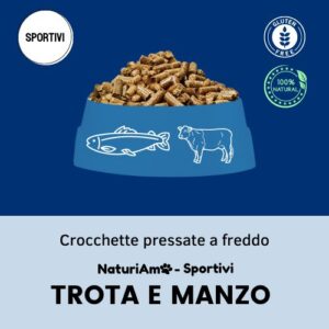 crocchette pressate a freddo italiane 100% naturali per cani sportivi con trota e carne di manzo. Senza glutine e senza conservanti