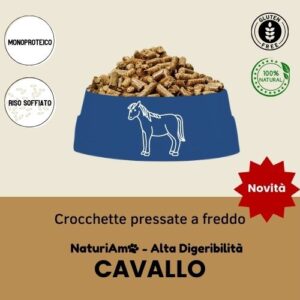 crocchette pressate a freddo italiane monoproteiche 100% naturali senza glutine ad alta digeribilità con carne di cavallo e riso soffiato