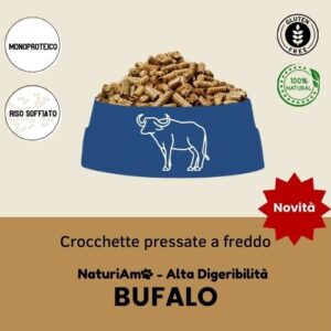 crocchette pressate a freddo italiane monoproteiche 100% naturali senza glutine ad alta digeribilità con carne di bufalo e riso soffiato