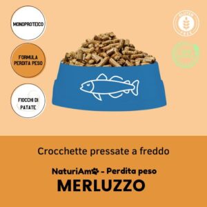 Crocchette pressate a freddo italiane monoproteiche al merluzzo con funzione perdita peso per cani con problemi di sovrappesso